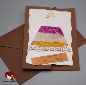 3D selbstgebastelte Weihnachtskarte mit Briefumschlag, gefalzt, Tannenbaum Motiv, verschiedene Materialien