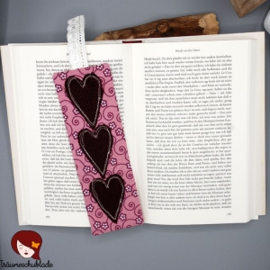 Lesezeichen Boho romantisch aus Baumwolle und Canvas Grau Weinrot Rosa Blümchen Vögelchen mit Spitzband