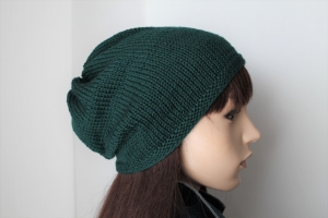 beidseitig tragbare Mütze aus reiner weicher Wolle von Hand gestrickt Beanie in dunkelgrün für Damen und Teens Mütze handmade handgestrickt uni grün neu Strickmütze 