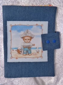 Kleine Windeltasche für Unterwegs aus Baumwollstoff und Jeans mit süßem Babymotiv  - Handarbeit kaufen