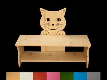 Kinderbank Katze mit Wunschfarbe auf Sitzfläche + Schuhablage (Kindersitzbank aus Holz, Schuhbank, Sitzbank für Kinder)