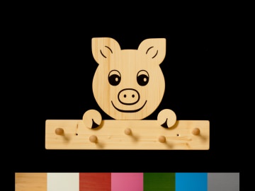 Kindergarderobe Schwein mit Wunschfarbe (Leiste lackiert) Holz Garderobe mit 5 Haken