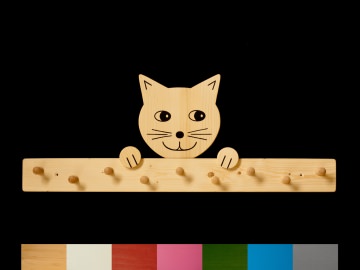 Kindergarderobe Katze mit Wunschfarbe (Leiste lackiert) Holz Garderobe mit 9 Haken