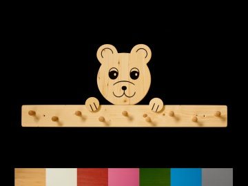 Kindergarderobe Bär mit Wunschfarbe (Leiste lackiert) Holz Garderobe mit 9 Haken