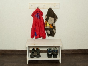 Kinderbank + Garderobe shabby weiß - Set für Kinder (Kindersitzbank aus Holz, Schuhbank, Sitzbank, Garderobenleiste)