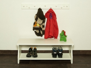 Kinderbank + Garderobe - Set für Kinder, weiß lackiert (Kindersitzbank aus Holz, Schuhbank, Sitzbank, Garderobenleiste)