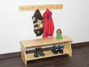 Kinderbank + Garderobe - Set für Kinder Naturholz unbehandelt (Kindersitzbank aus Holz, Schuhbank, Sitzbank, Garderobenleiste)