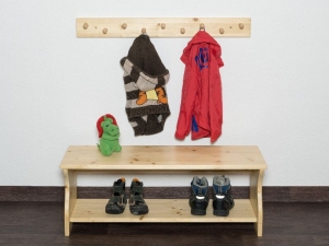 Kinderbank + Garderobe - Set für Kinder klar lasiert (Kindersitzbank aus Holz, Schuhbank, Sitzbank, Garderobenleiste)