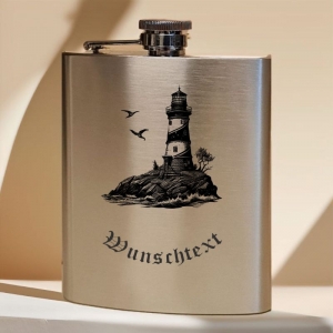 Flachmann 200 ml für unterwegs personalisiert mit Gravur aus Edelstahl gebürstet, Geschenk Motiv Leuchtturm Meer Errinerung Urlaub 