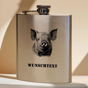 Schwein Flachmann 200 ml für Unterwegs personalisiert mit Gravur aus Edelstahl gebürstet, Geschenk Vattertag Geburtstag  - Handarbeit kaufen