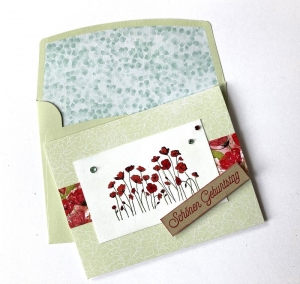  3D ♡ Geburtstagskarte ♡ Lindgrün/ Rot mit Mohnblumen und bedrucktem Kuvert  - Handarbeit kaufen