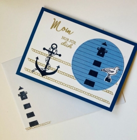 Meer geht immer....! 3D Maritime Grußkarte mit Leuchtturm, Anker, Möwe in Blau/Weiß Handarbeit  - Handarbeit kaufen