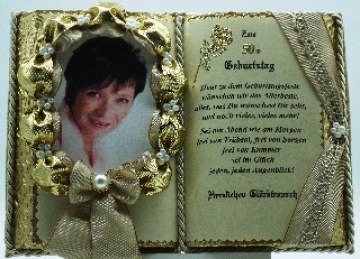 Wunderschönes, handgefertigtes Dekobuch für Foto zum 50. Geburtstag – mit Holz-Buchständer - Handarbeit kaufen