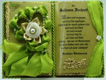 Goldene Hochzeit – 50-jähriges Ehejubiläum – Dekobuch mit Holz-Buchständer - Handarbeit kaufen