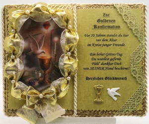Dekobuch zur Goldene Konfirmation, 50-jähriges Firmjubiläum  - mit Holzbuchständer - Handarbeit kaufen