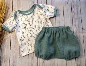 Set Baby T-Shirt + Bloomers Gr. 68 Weidenzweige mit Musselin Dusty mint, Sommer Set, Shorts, Sommerhose, kurze Pumphose - Handarbeit kaufen