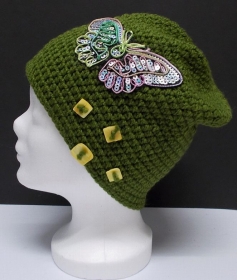 Mütze, modern, Handarbeit, grün, Beanie Stil, Schmetterling Patchy,
