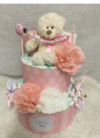 Windeltorte Teddy Bär Pompom rosa personalisiert mit Name Geschenk Taufe Geburt Babyparty 