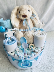 Windeltorte  Hase blau  personalisiert mit Name Geschenk Taufe Geburt Babyparty   - Handarbeit kaufen