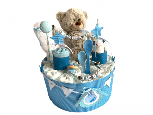 Windeltorte Teddy Bär  Bärchen blau grau  weiß personalisiert mit Name Geschenk Taufe Geburt Babyparty    (Kopie id: 100301478) (Kopie id: 100301479) (Kopie id: 100315354) - Handarbeit kaufen