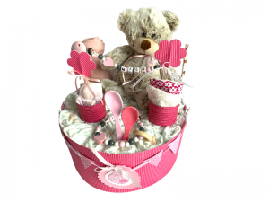 Windeltorte Teddy Bär  Bärchen rosa grau  weiß personalisiert mit Name Geschenk Taufe Geburt Babyparty    (Kopie id: 100301478) (Kopie id: 100315355) - Handarbeit kaufen