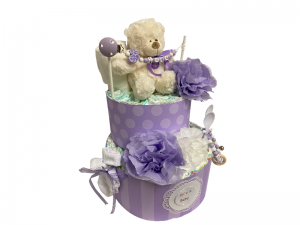 Windeltorte Teddy Bär Pompom lila Flieder Lavendel weiß personalisiert mit Name Geschenk Taufe Geburt Babyparty  (Kopie id: 100301467) (Kopie id: 100301468) (Kopie id: 100315363)