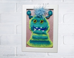 KLEINES MONSTER, Wandbild im Rahmen, handgemachtes Unikat, gehäkelt, Kunst 2310.181206.210117_1