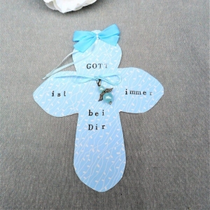 Schutzengel Karte Kreuz, Geschenk zur Geburt Taufe Kommunion Konfirmation, personalisierbar, blau