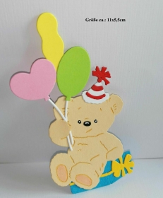  Stanzteile  Kartendeko  Kartenschmuck Scrapbooking Geburtstag Teddy auf Geschenk mit Luftballon