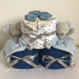 Jungen Zwillinge Windeltorte Geschenk Geburt Sterne Autos Mäuse blau Taufe Babyparty