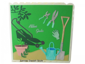 3D Grußkarte, Geburtstagskarte für Gartenfreunde, Blumentopf und Gartengeräte, die Karte ist ca. 15 x 15 cm