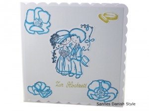 Verspielte Hochzeitskarte mit Brautpaar, Ringe und Blumen, die Karte ist ca 15 x 15 cm - Handarbeit kaufen