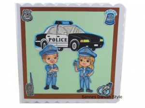 Grußkarte Polizisten und Polizeiwagen, Geburtstagskarte, Handschellen, Polizeimarke, Glückwunschkarte,, Die Karte ist ca. 15 x 15 cm