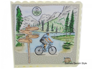 Geburtstagswünsche Radfahrer, Geburtstagskarte für Radfahrer, mit Berge und See im Hintergrund, Aquarellgeburtstagskarte, die Karte ist ca. 15 x 15 cm