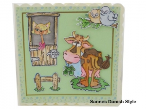 Geburtstagskarte mit Kuh und Katze, Landleben, Aquarellkarte mit Kuh und Katze auf eine Wiese, die Karte ist ca. 15 x 15 cm