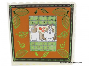 Geburtstagskarte mit Kaninchen und Stickerblätter, Süße Kaninchen, Herbstliche Grußkarte,die Karte ist ca. 15 x 15 cm