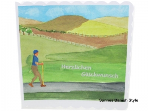 Grußkarte Wandersmann, Wanderkarte, Wandern, mit glänzende Aquarellfarbe, Geburtstagskarte für den Mann, die Karte ist ca. 15 x 15 cm - Handarbeit kaufen