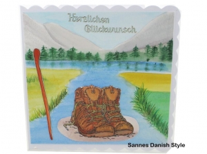 Herzlichen Glückwunsch, Geburtstagskarte für Wanderer, Grußkarte, Wanderkarte, 3D Geburtstagskarte für Wanderer, mit Berge, See und Bäume, die Karte ist ca. 15 x 15 cm