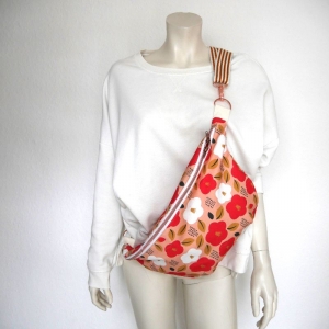  Crossbag CANVAS Baumwolle mit Blumen Gr.L Hip Bag Handarbeit zimtblüte  - Handarbeit kaufen