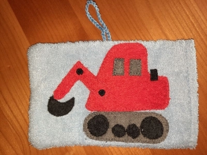 Waschhandschuh (Waschlappen) roter Bagger für Kinder - Handarbeit kaufen