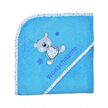 Kapuzenhandtuch/Badetuch blau mit Wunschnamen und einem Teddy, Größe 80 X 80 cm 