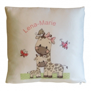 Namenskissen - Babykissen - Kinderkissen - Kissenhülle, personalisiert mit deinem Namen, Motiv Giraffe , komplett mit Inlett