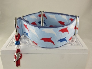 Hundehalsband Delphine Halsband Hund Nylon Martingale mit Zugstopp verstellbar maritim breit wahlweise mit Klickverschluss Kunststoff oder Metall   - Handarbeit kaufen