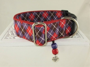 Hundehalsband Nordic Karo rot/purple Halsband Hund verstellbar mit Klickverschluss Metall (Alu) oder Kunststoffverschluss   - Handarbeit kaufen