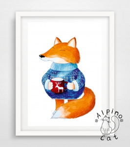 Fuchs Poster, Fuchs mit einer Tasse Tee, kleiner Fuchs Bild, Digitaldruck A4, 300g/m2 Qualitätsdruck 