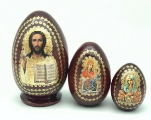Handgearbeitete Matroschka Mutter Gottes Jesus Christus, 3-er, Eiform, 12,5 cm hoch  - Handarbeit kaufen