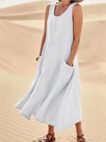 Damen-Sommer-Leinenkleid mit 2 Taschen, neu, 36-38, weiß - Handarbeit kaufen