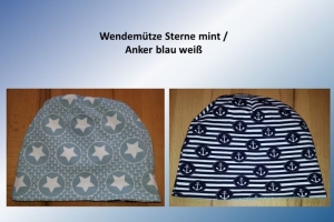 Wendemütze, Wendebeanie - Sterne mint / Anker dunkelblau weiß gestreift Gr. 48 - Handarbeit kaufen