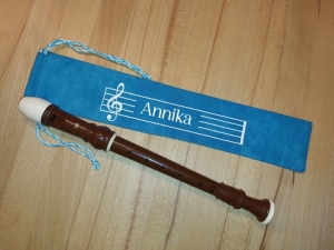 Flötentasche mit Namen, Flötenbeutel - Blau melange (mit optionalen Zubehörfach / Fütterung / Halskordel)