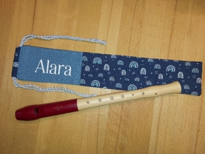 Flötentasche mit Namen, Flötenbeutel - Regenbogen blau  (mit optionalen Zubehörfach / Futter / Halsband) 